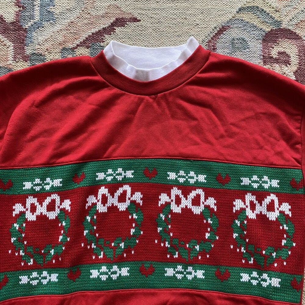 Vintage Nutcracker Christmas Sweatshirt Small Quilted Wreaths Ugly Mockneck